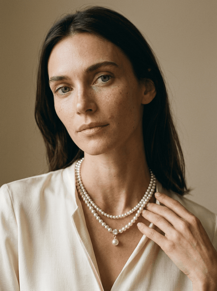 Double Strand Pearl Necklace, necklaces in Freshwater pearls, layered metal chain
